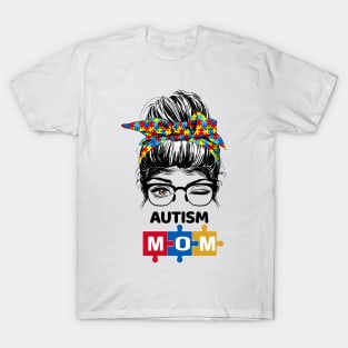 Women Messy Bun Autism Mom T-Shirt